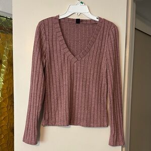 SHEIN Ribbed V-Neck Blouse in Mauve